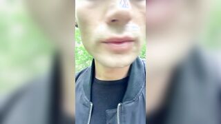 Walking outdoor with cum on face - cum walk and jerk off with covered face