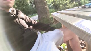 Guy playing with his cock outside, pissing, wanking, cumming. Almost got caught, risky place.