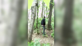 Bad boy jerks while smoking cigarette in a forest - almost caught - so his balls stay full