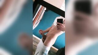 Lad flashes cock then cums a massive load