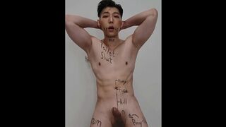 Horny Asian jock makes a mess in public restroom