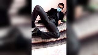 shiny satin suit bulge play 1