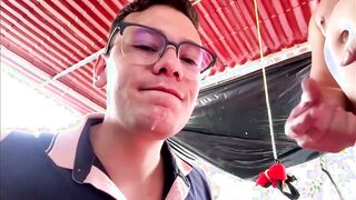 Super-steamy nail time with monstrous jizm explosions dressed in leather shoes and trousers, at the backyard of the building