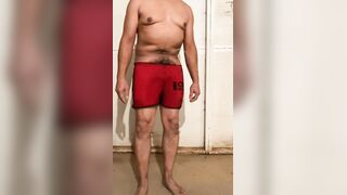 Desperate utter bladder post exercise pee with my man meat-head wedging out from taut cutoffs waistband