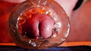 A close-up of a beef whistle jizzing in your culo