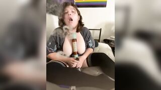 Femboy smokes with hip highs on, NEARLY CAUGHT! Bong inbetween globes!!!!