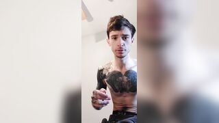 Inked bony fellow uncircumcised jizz-shotgun