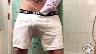 Nearly caught wanking Money-shot into lingerie