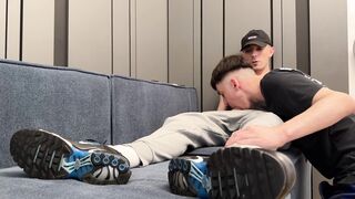 Bottom nuzzles sweat-soaked socks and gets a internal ejaculation