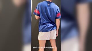 NFL Football Dude With a Hefty Hard-on Jacks off & Displays His Slick Elastic Donk SCORCHING Squealing Cum shot