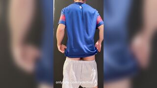 NFL Football Dude With a Hefty Hard-on Jacks off & Displays His Slick Elastic Donk SCORCHING Squealing Cum shot