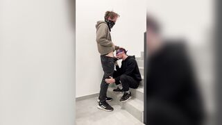 He deep-throats me till i jizm on the staircase