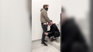 He deep-throats me till i jizm on the staircase