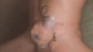 Hand job with protection jizz inwards