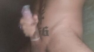 Hand job with protection jizz inwards