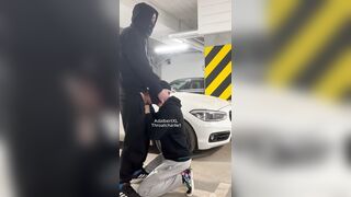 throating his trouser snake in parking bunch