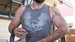 Locked australian bear plays with used love glove