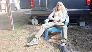 Post-holiday draining, bootie have fun and shooting spunk onto the lawn