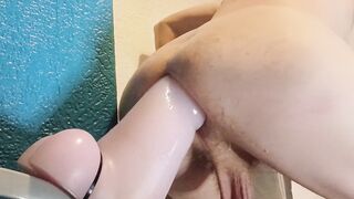 Backing onto and railing huge yam-sized rosy pecker faux-cock