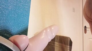 Backing onto and railing huge yam-sized rosy pecker faux-cock