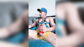 Jacking off while gargling realistic fuck stick