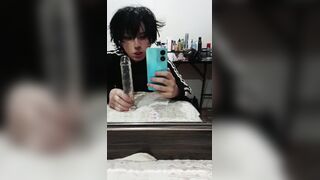 FemBoy throating large faux-cock