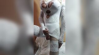 Bony crossdresser in milky assets toying with yam-sized beefstick