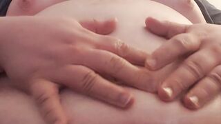 Toying with lubricant on my good-sized chubby abdomen again