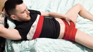 Glorious man tugging off and spunk