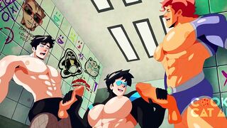 TEASER: Bear Three way, muscle man railing a fake penis while providing a dual hand-job