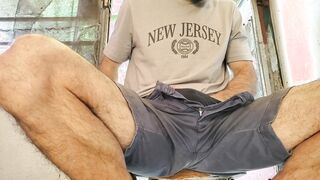 A muscled dudes unshaved trouser snake and nut sack