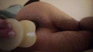 Youngster plays with faux-cock at night and flashes his fuck hole
