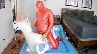 Inflatable fucktoy rail to jizm in crimson spandex catsuit