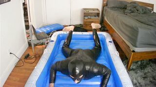 Inflatable plaything drill to jizz with lubricant in spandex catsuit