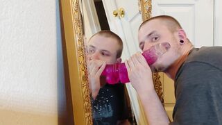 Deep throating on faux-cock
