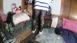 Lovely t-damsel taunting in lacy pantyhose with socks and hockey jersey