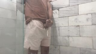 A rapid cum shot in the shower sans anyone watching!