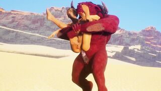 Hairy Monster pokes a gimp hoe in the sandy desert