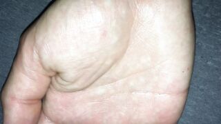 Arms close up, mitts close up, jizz flow on both forearms