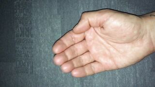 Arms close up, mitts close up, jizz flow on both forearms