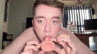 Deep throating My Fresh Fucktoy Until My Eyes Watered... Then I Took It Even Farther And Put It Uo MyAss For The First-ever Time