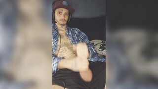 Solo inked masculine strongly wanks his fuck-stick till he erupts
