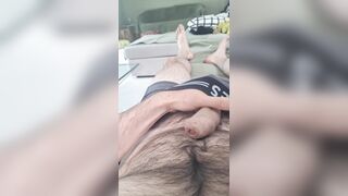 Jacking off on the bed with humungous pop-shot