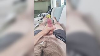 Milking off on the sofa with gigantic cum shot pt. trio