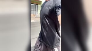 Alpha masculine with enormous stiffy ambling down the street in trousers sans lingerie with the volume displaying