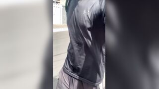 Alpha masculine with enormous stiffy ambling down the street in trousers sans lingerie with the volume displaying