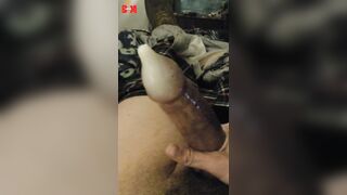 Monstrous milky dick shoots immense geyser jizz into rubber