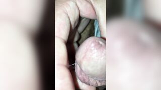 Extraordinary close up of my cock head precum edging with fingertip