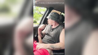 Uber driver jerks his meaty pipe in his van while a stranger approaches to deep-throat him off