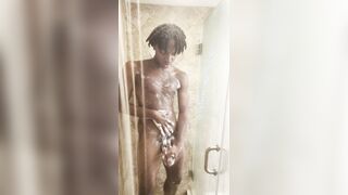 this teenie masturbates off in the douche nearly gets CAUGHT